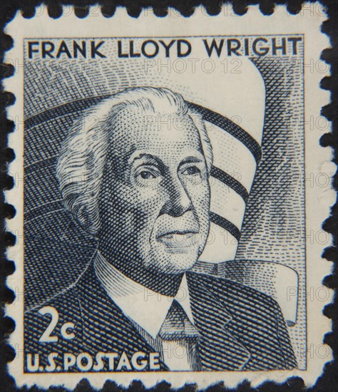Frank Lloyd Wright, (1867, 1959) an architect and writer, an abundantly creative master of American architecture. Portrait on an U.S. postage stamp