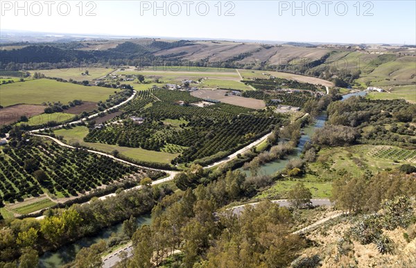 View of River Guadalete floodplain and landscape from Arcos de la Frontera, Cadiz Province, Spain, Europe
