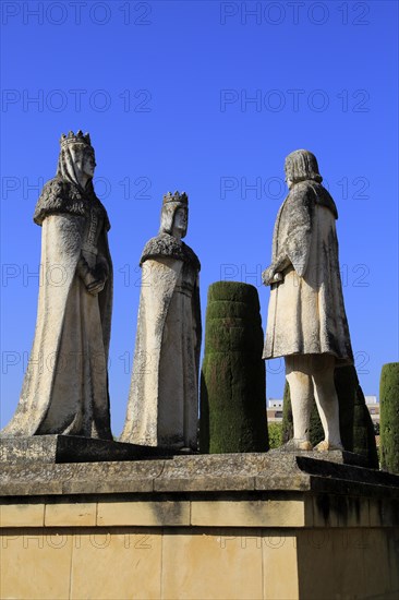 Columbus, King Ferdando and Queen Isabel statues in garden of Alcazar, Cordoba, Spain, Alcazar de los Reyes Cristianos, Europe