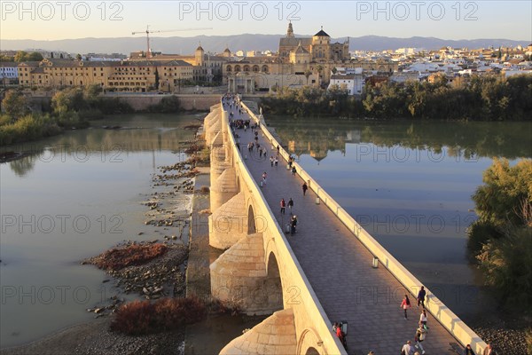 Roman bridge spanning river Rio Guadalquivir with Mezquita cathedral buildings, Cordoba, Spain, Europe