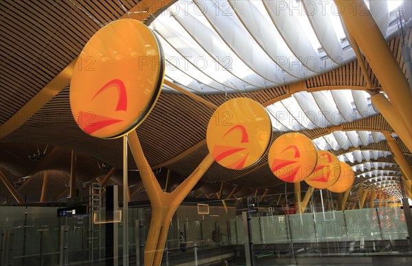 Modern architecture ceiling interior of terminal 4 building, Adolfo Suarez Madridâ€“Barajas airport, Madrid, Spain, Europe