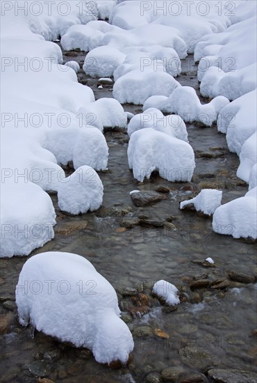 Mountain stream in the snow in winter in the Gran Paradiso National Park, Valle d'Aosta, Italy, Europe