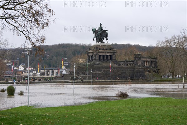 The German Corner with the equestrian statue of Kaiser Wilhelm at the confluence of the Rhine and Moselle is surrounded by floodwater. Koblenz, Rhineland-Palatinate, Germany, Europe