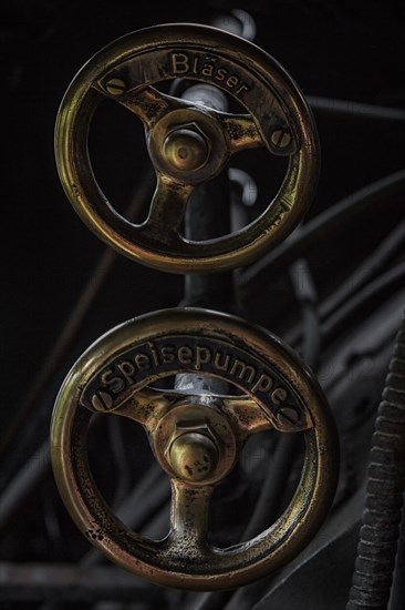 Brass valves with inscriptions 'Blaeser' and 'Speisepumpe' in a locomotive, Dahlhausen railway depot, Lost Place, Dahlhausen, Bochum, North Rhine-Westphalia, Germany, Europe