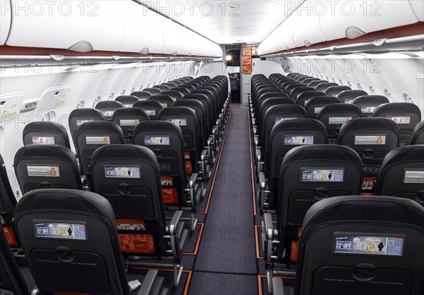 View into an empty aircraft compartment of an easyJet Airbus A320 neo in the newly opened easyJet maintenance hangar. The entire European easyJet fleet is now maintained at the Schoenefeld site, 11/01/2023