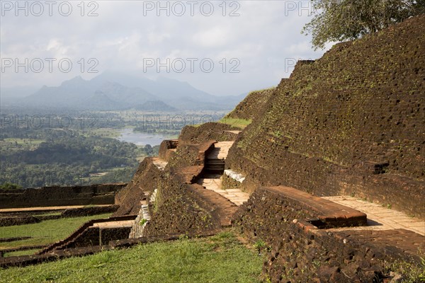 Buildings of rock palace fortress on rock summit, Sigiriya, Central Province, Sri Lanka, Asia