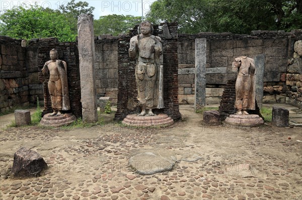 Hatadage three Buddha statues, The Quadrangle, UNESCO World Heritage Site, the ancient city of Polonnaruwa, Sri Lanka, Asia