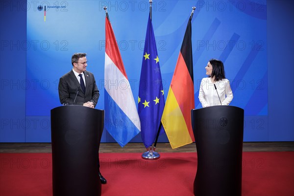 (R L) Annalena Baerbock, Federal Minister for Foreign Affairs, and Xavier Bettel, Foreign Minister of the Grand Duchy of Luxembourg, at a press conference following their talks at the Federal Foreign Office in Berlin, 5 January 2024