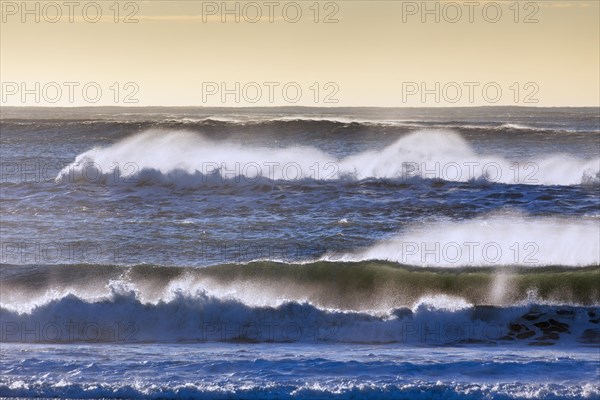 Crests of braking waves at Arctic sea showing airborne spray and spindrift due to high winds