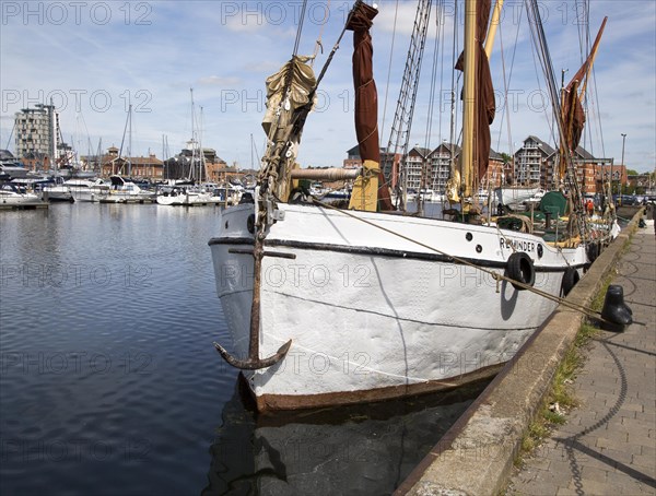 Historic sailing barge at quayside mooring in the Wet Dock, Ipswich, Suffolk, England, United Kingdom, Europe