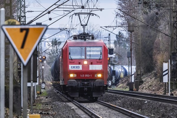 Railway line with goods train RBH Logistics, class BR145 locomotive, Stuttgart, Baden-Wuerttemberg, Germany, Europe