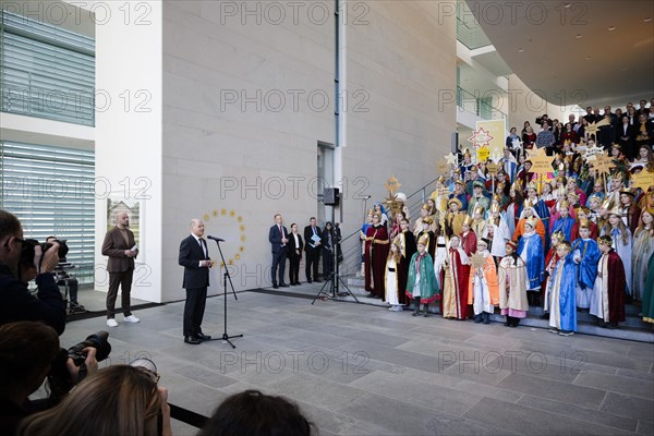 Federal Chancellor Olaf Scholz (SPD) pictured at the traditional reception for carol singers at the Federal Chancellery in Berlin, 8 January 2024