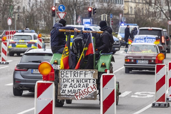 Farmers' protests in Germany. Farmers protest with tractors and banners against tax increases by the traffic light government, Stuttgart, Baden-Wuerttemberg, Germany, Europe