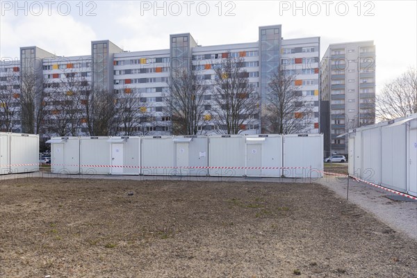 Press event in front of the commissioning of the housing containers for refugees at Sachsenplatz, Johannstadt for 72 people, Dresden, Saxony, Germany, Europe