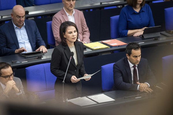 Annalena Baerbock (Alliance 90/The Greens), Federal Foreign Minister, recorded during a government questioning in the Bundestag in Berlin, 11 October 2023, Berlin, Germany, Europe