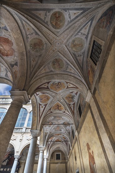 Arcade in the inner courtyard, frescoed vault, Palazzo Doria Spinola, former manor house from the 16th century, today prefecture, Genoa, Italy, Europe