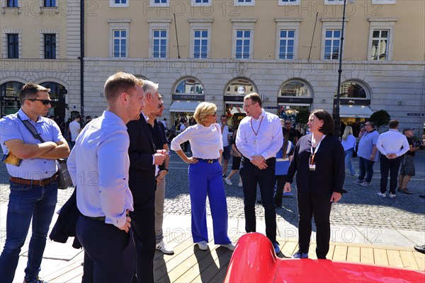 Julia Kloeckner CDU, former Minister of Agriculture, in conversation with Porsche representatives, IAA Mobility 2023, Munich, Bavaria, Germany, Europe