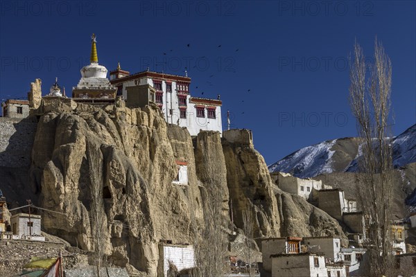 Lamayuru Gompa, one of the oldest and largest Buddhist monasteries in Ladakh, photographed in winter, on a clear, blue sky day. Many inhabitants of this Indian region, which is often called Little Tibet, follow the Tibetan Buddhism. Leh District, Union Territory of Ladakh, India, Asia