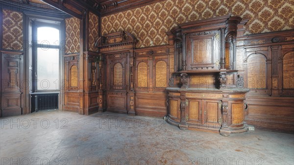 Empty room with antique wood panelling and large window, historic atmosphere, Villa Woodstock, Lost Place, Wuppertal, North Rhine-Westphalia, Germany, Europe