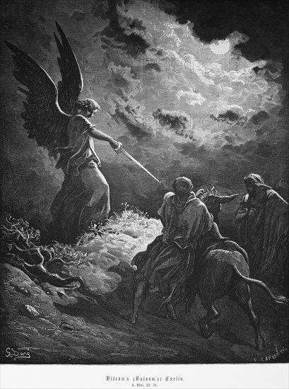 Balaam's or Balaam's donkey, Genesis chapter 22, angel, wings, sword, threat, mountain landscape, donkey, riding, God, wrath, light, Bible, Old Testament, historical illustration from 1886