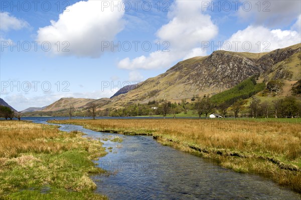 Warnscale Beck stream flowing into Lake Buttermere, Gatesgarth, Lake District national park, Cumbria, England, UK