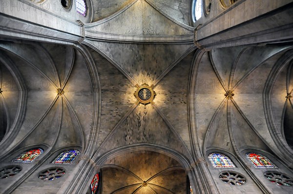 Ceiling view, Notre-Dame de Paris Cathedral, Ile de la Cite, 4th arrondissement, Paris, France, Europe