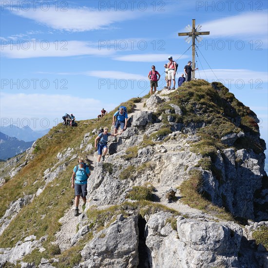 Hikers at the summit of the Grosse Klammspitze, Graswangtal, Ammergau Alps nature park Park, Upper Bavaria, Bavaria, Germany, Europe