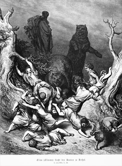Elisha or Elisens curses the boy at Bethel, 2nd Book of Kings, two bears, children, kill, wilderness, Bible, Old Testament, historical illustration