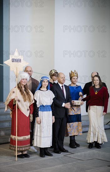 Federal Chancellor Olaf Scholz (SPD) pictured at the traditional reception for carol singers at the Federal Chancellery in Berlin, 8 January 2024