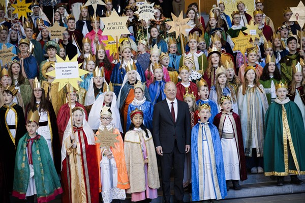 Federal Chancellor Olaf Scholz (SPD) pictured at the traditional reception for carol singers at the Federal Chancellery in Berlin, 8 January 2024