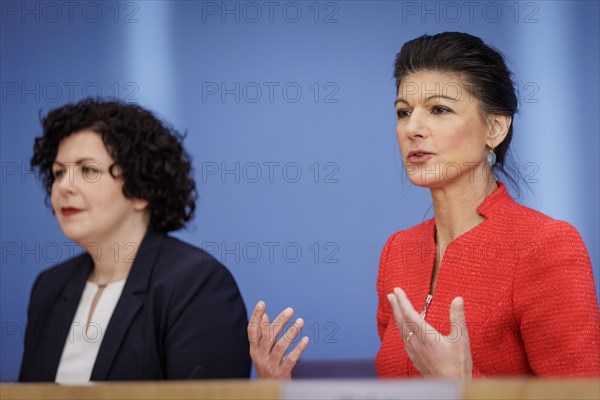 Amira Mohamed Ali, Member of the Bundestag, and Dr Sahra Wagenknecht, recorded at the Federal Press Conference on the founding of the Sahra Wagenknecht Alliance, Reason and Justice party and proposal of the European top candidates, in Berlin, 8 January 2024