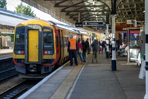 South Western Railway SWR Class 165 Turbo train 1158880 at Salisbury station, Wiltshire, England, UK