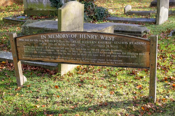 Memorial to Henry West killed by a whirlwind in 1840, graveyard of St Laurence church, Reading, Berkshire, England, UK