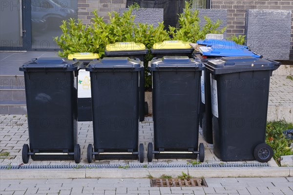 Waste bins for recyclables, paper and residual waste in front of a house, Dortmund, Ruhr area, Westphalia, North Rhine-Westphalia, Germany, Europe