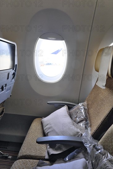 Airbus A 350 900 Singapore Airline window seat, Munich Franz Josef Strauss Airport, Munich, Bavaria, Germany, Europe