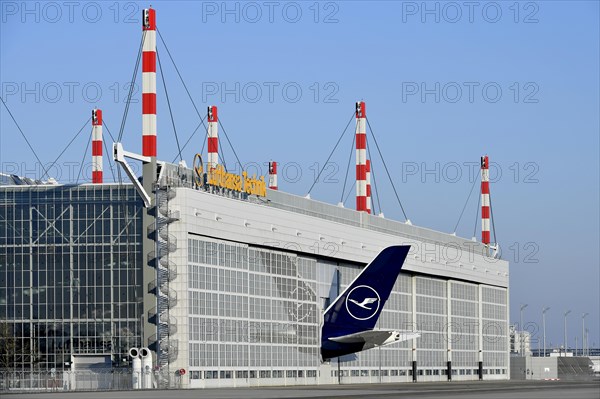 Lufthansa Airbus A380-800 tail fin with vertical stabiliser in the Lufthansa Technik maintenance hangar, Munich Airport, Upper Bavaria, Bavaria, Germany, Europe