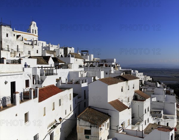 Pueblo blanco historic village whitewashed houses on hillside, Vejer de la Frontera, Cadiz Province, Spain, Europe