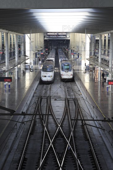 Two RENFE Alvia trains at platform of Atocha railway station, Madrid, Spain, Europe