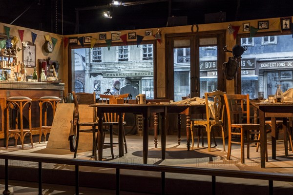 Three-dimensional scene of cafe in the Bastogne War Museum devoted to the Second World War Two Battle of the Bulge in the Belgian Ardennes, Belgium, Europe