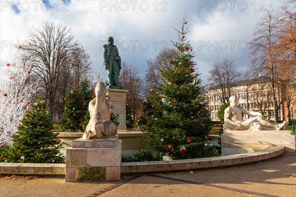 Bruat fountain, decorated for Christmas, Christmas trees, Colmar, Alsace, France, Europe
