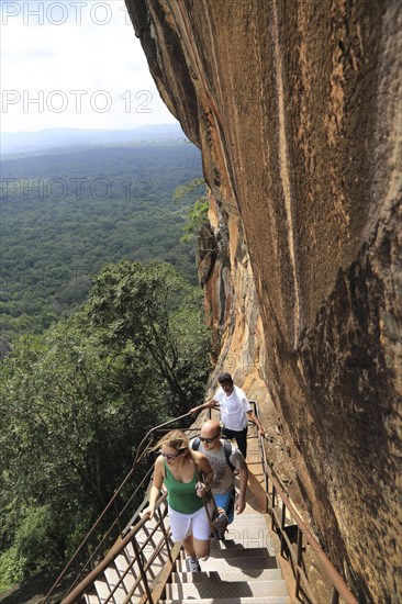 Metal staircase ascending from rock palace fortress, Sigiriya, Central Province, Sri Lanka, Asia