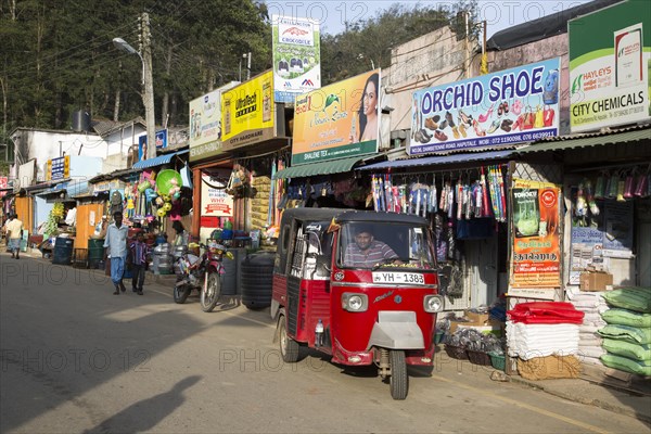 Shops and tuk-tuk taxi, Haputale, Badulla District, Uva Province, Sri Lanka, Asia