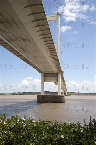 The old 1960s Severn bridge crossing between Beachley and Aust, Gloucestershire, England, UK looking east