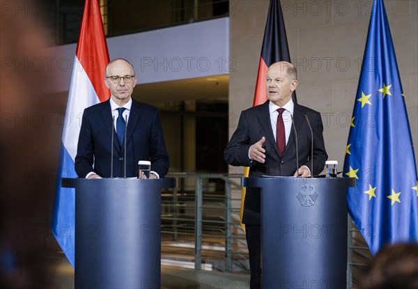 Federal Chancellor Olaf Scholz (SPD) and Luc Frieden, Prime Minister of the Grand Duchy of Luxembourg, give a press conference after talks at the Federal Chancellery in Berlin, 8 January 2024