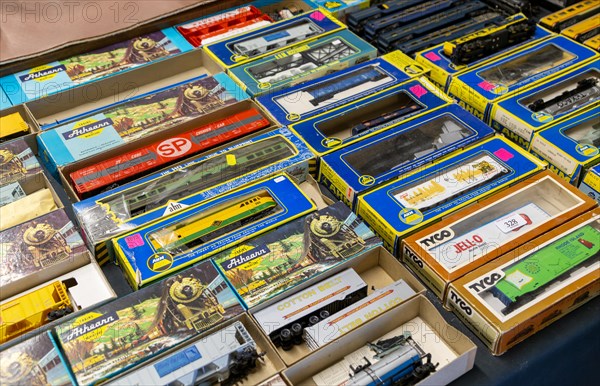 Display model train railway set boxes at auction, UK