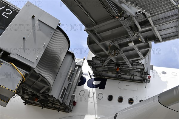 Lufthansa Airbus A380-800 with docked passenger boarding bridges at check-in position, Munich Airport, Upper Bavaria, Bavaria, Germany, Europe