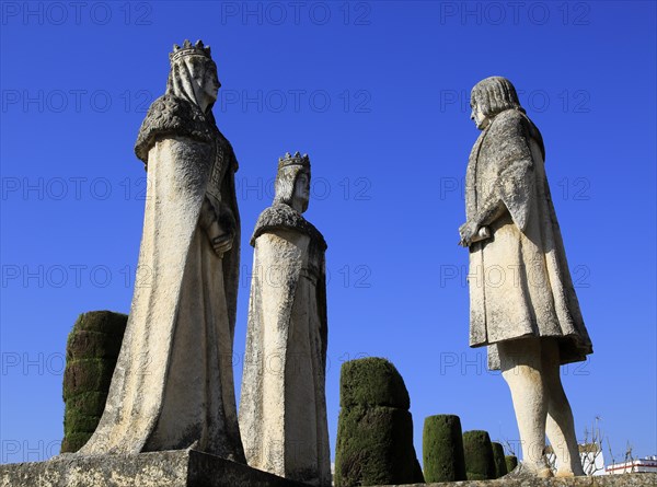 Columbus, King Ferdando and Queen Isabel statues in garden of Alcazar, Cordoba, Spain, Alcazar de los Reyes Cristianos, Europe