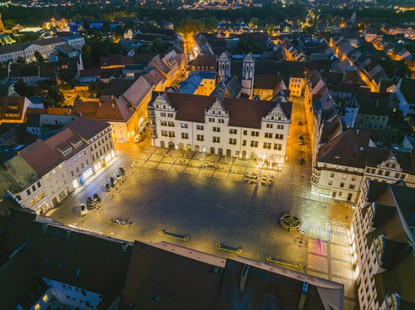 Market square and town hall from above, at dusk, Torgau, Saxony, Germany, Europe