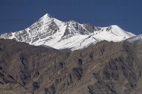 Stok Kangri, the highest peak in the Stok Range of the Zanskar Mountains in the Himalayas and a popular trekking six-thousander, seen from the Shey village, located in the Indus Valley. Leh District, Union Territory of Ladakh, India, Asia