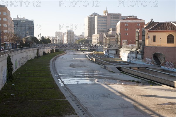 Dry concrete course of the River Rio Guadalmedina in Malaga, Spain, Europe